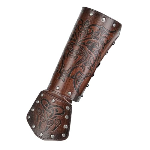 NOAFUNZO Mittelalterliche nordische Wikinger-Stil Halbe Lederarmbänder, Vintage Leder Armschienen, Braun geprägte Rüstung für Cosplay Halloween Kostüm Requisiten (Braun, Halbe Rüstung A + Armschienen von NOAFUNZO