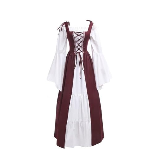 NOAFUNZO Mittelalterliches Kleid für Damen, Renaissance-Kostüm, viktorianisches Kleid, lange Ärmel, bodenlang, Halloween-Kostüm (Rot, M) von NOAFUNZO