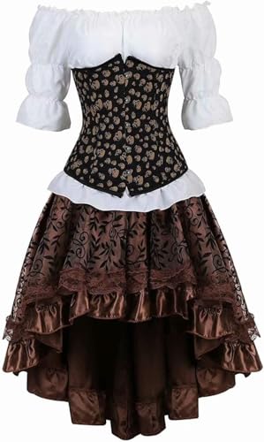 NOAFUNZO Unterbrustkorsettkleid, 3-teiliges Outfit für Damen, Totenkopfrock, weiße Bluse, Set für Halloween (Set A, XXL) von NOAFUNZO