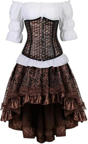 NOAFUNZO Unterbrustkorsettkleid, 3-teiliges Outfit für Damen, Totenkopfrock, weiße Blusen-Set, Halloween (Set B, 4XL) von NOAFUNZO