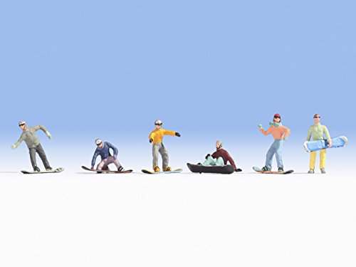 NOCH H0 Figuren Snowboarder, Mini-Figuren Set mit 6 handkolorierten Figuren für die Spur H0, ideal für Winterlandschaften und Modellbau von Noch