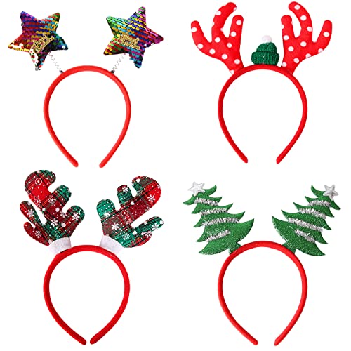 NOCHME Haarreif Weihnachten Für Erwachsene Und Kinder, 4 Stück Rentier, Sterne, Weihnachtsbaum, Kariert Einheitsgröße Haarschmuck Stirnbänder, Neuheit Xmas Mädchen Weihnachtsfeier Kopfschmuck Set von NOCHME