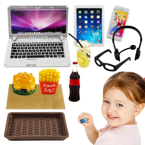 NOCHME Puppenhaus Zubehör Miniatur Wichtel Deko Set 1/12 Mini Laptop Tablet Handy Brille Hamburger Cola Pommes Getränke Tablett Puppenzubehör Szene Simulation Möbel Weihnachten Dekoration von NOCHME