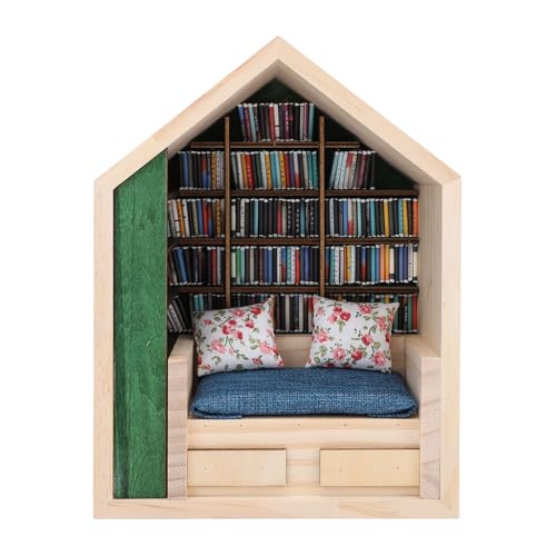 Angst-Bücherregal-Ornament, Kleines Holz-Bücherregal, Zarte Handwerkskunst, Niedliches Stressabbau-Miniatur-Bücherregal mit Büchern, Kissen für Buchliebhaber, Heimbüro-Dekoration von NOENNULL