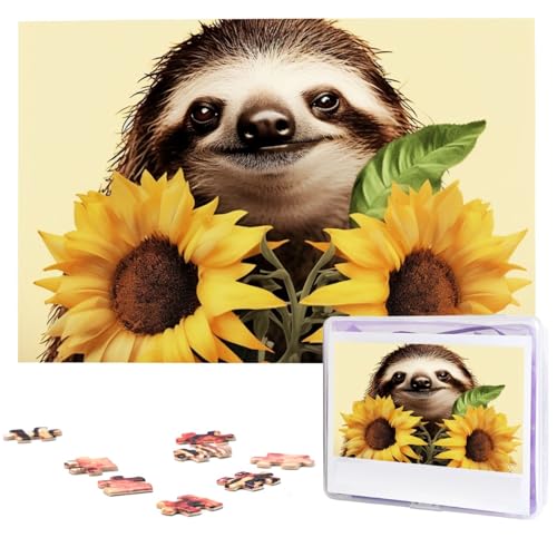 1000-teiliges Puzzle für Erwachsene, herausforderndes Puzzle für Spielabende, Geschenke, personalisiertes Bild, Faultier, Sonnenblume, Holzpuzzle für Familie, fertige Größe 74,9 x 50 cm von NONHAI