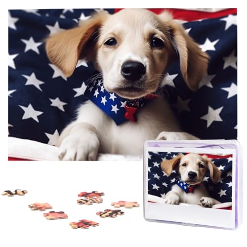 1000-teiliges Puzzle für Erwachsene, herausforderndes Puzzle für Spielabende, Geschenke, personalisiertes Bild, Puzzle, USA-Flagge, Welpe, individuelles Holzpuzzle für Familie, fertige Größe 74,9 x 50 von NONHAI