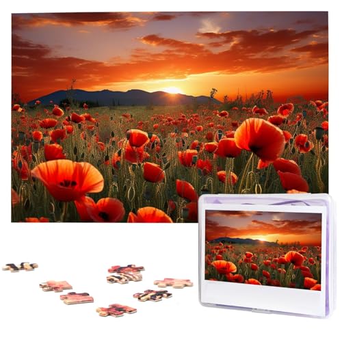 1000-teiliges Puzzle für Erwachsene, herausforderndes Puzzle für Spielabende, Geschenke, personalisiertes Bildpuzzle, rotes Mohnblumenfeld im Sonnenuntergang, individuelles Holzpuzzle für Familie, von NONHAI