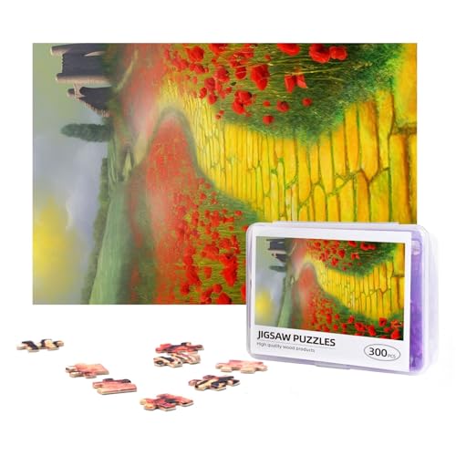 300-teiliges Puzzle für Erwachsene, herausforderndes Puzzle für Spielabende, Geschenke, personalisiertes Bild, Mohnblumen, Feld, gelbe Ziegelstraße, benutzerdefiniertes Holzpuzzle für Familie, fertige von NONHAI