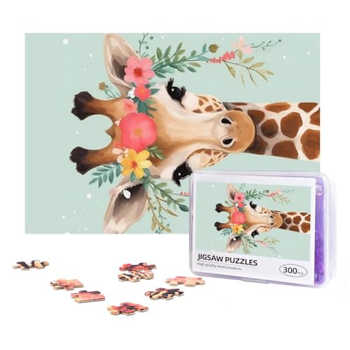 300-teiliges Puzzle für Erwachsene, herausforderndes Puzzle für Spielabende, Geschenke, personalisiertes Bild, Puzzle, Giraffe mit floralem Holzpuzzle für Familie, fertige Größe 38,1 x 25,9 cm von NONHAI