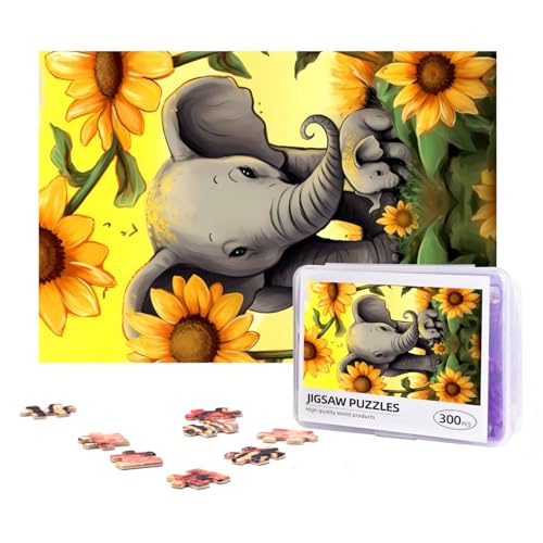 300-teiliges Puzzle für Erwachsene, herausforderndes Puzzle für Spielabende, Geschenke, personalisiertes Bild, Puzzle, Mutter und Baby, Elefant, Sonnenblumen, benutzerdefiniertes Holzpuzzle für von NONHAI