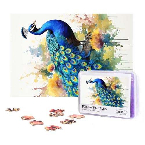 300-teiliges Puzzle für Erwachsene, herausforderndes Puzzle für Spielabende, Geschenke, personalisiertes Bild, Puzzle, Pfau, Aquarellmalerei, benutzerdefiniertes Holzpuzzle für Familie, fertige Größe von NONHAI