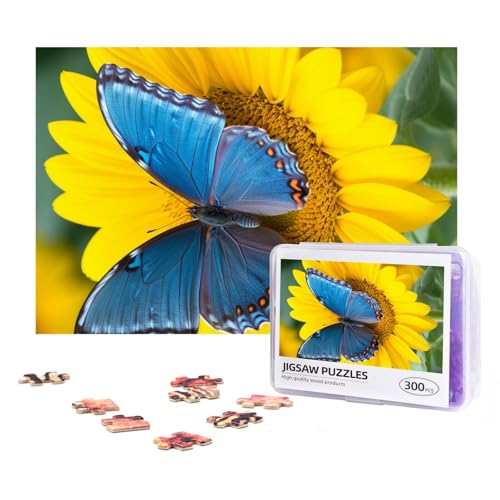 300-teiliges Puzzle für Erwachsene, herausforderndes Puzzle für Spielabende, Geschenke, personalisiertes Bild, Puzzle, Sonnenblume, blauer Schmetterling, benutzerdefiniertes Holzpuzzle für Familie, von NONHAI