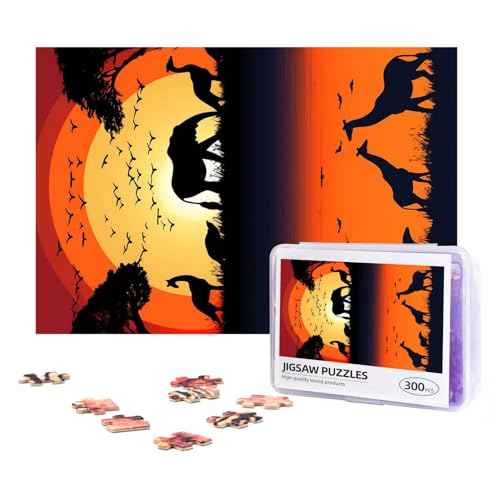 300-teiliges Puzzle für Erwachsene, herausforderndes Puzzle für Spielabende, Geschenke, personalisiertes Bild, Puzzle, Sonnenuntergang, Tier-Silhouette, individuelles Holzpuzzle für Familie, fertige von NONHAI