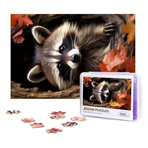 300-teiliges Puzzle für Erwachsene, herausforderndes Puzzle für Spielabende, Geschenke, personalisiertes Bild, Puzzle, Waschbär im Baumloch, benutzerdefiniertes Holzpuzzle für Familie, fertige Größe von NONHAI