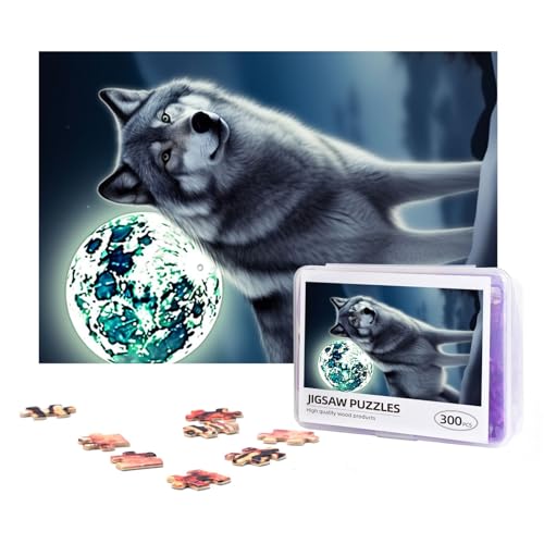 300-teiliges Puzzle für Erwachsene, herausforderndes Puzzle für Spielabende, Geschenke, personalisiertes Bild, Puzzle, Wolf unter Mond, benutzerdefiniertes Holzpuzzle für Familie, fertige Größe 38,1 x von NONHAI