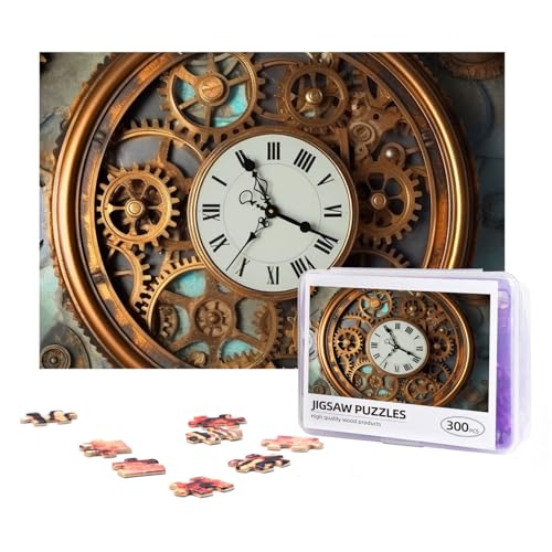 300-teiliges Puzzle für Erwachsene, herausforderndes Puzzle für Spielabende, Geschenke, personalisiertes Bild, Puzzle, rostige Steampunk-Uhr, benutzerdefiniertes Holzpuzzle für Familie, fertige Größe von NONHAI