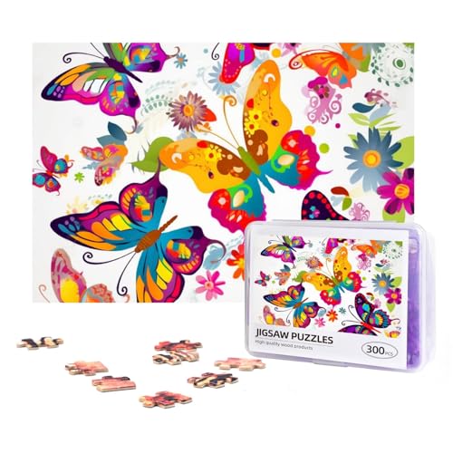 300-teiliges Puzzle für Erwachsene, herausforderndes Puzzle für Spielabende, Geschenke, personalisiertes Bild, bunte Schmetterlinge und Blumen, individuelles Holzpuzzle für Familie, fertige Größe 38,1 von NONHAI