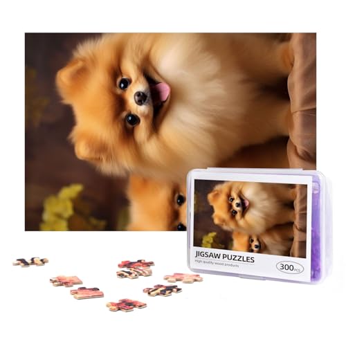 300-teiliges Puzzle für Erwachsene, herausforderndes Puzzle für Spielabende, Geschenke, personalisiertes Bilderpuzzle, gelber Pomeranian Custom Holzpuzzle für Familie, fertige Größe 38,1 x 25,9 cm von NONHAI