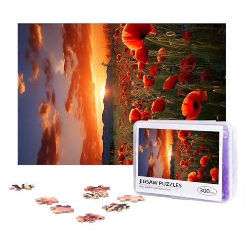 300-teiliges Puzzle für Erwachsene, herausforderndes Puzzle für Spielabende, Geschenke, personalisiertes Bildpuzzle, rotes Mohnblumenfeld im Sonnenuntergang, individuelles Holzpuzzle für Familie, von NONHAI