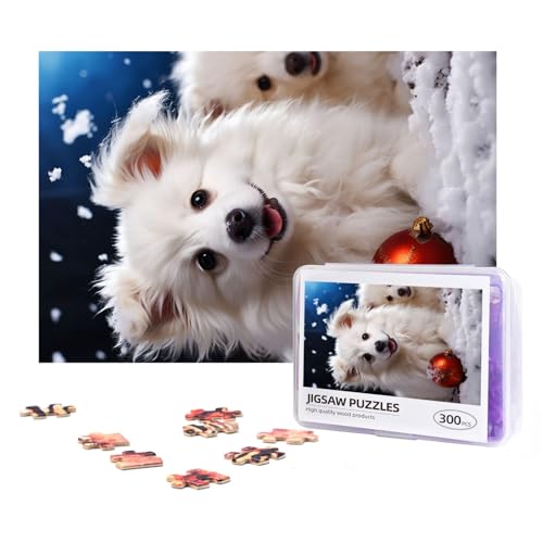 300-teiliges Puzzle für Erwachsene, herausforderndes Puzzle für Spieleabende, Geschenke, personalisiertes Bilderpuzzle, Frohe Weihnachten, weißer Schneehund, benutzerdefiniertes Holzpuzzle für von NONHAI