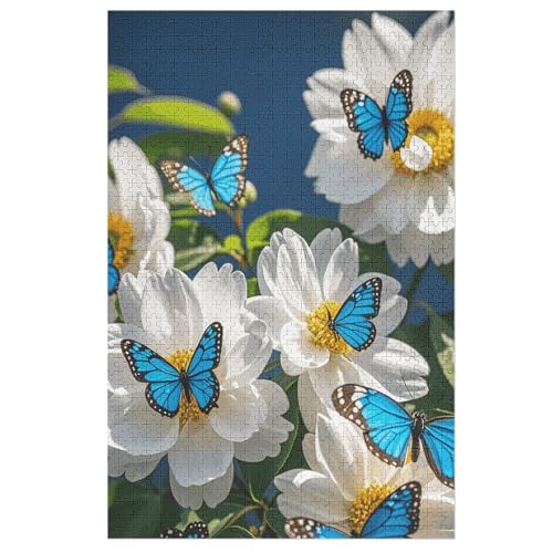 Puzzle mit weißen Blüten, blaue Schmetterlinge, für Damen und Herren, 1000 Teile, Puzzle für Erwachsene, herausforderndes Puzzle für Familie, Hochzeitsgeschenk von NONHAI