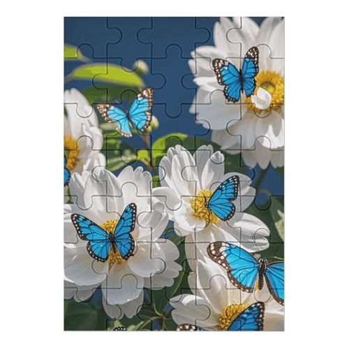 Puzzle mit weißen Blüten, blaue Schmetterlinge, für Damen und Herren, 35-teiliges Puzzle für Erwachsene, herausforderndes Puzzle für Familie, Hochzeitsgeschenk von NONHAI