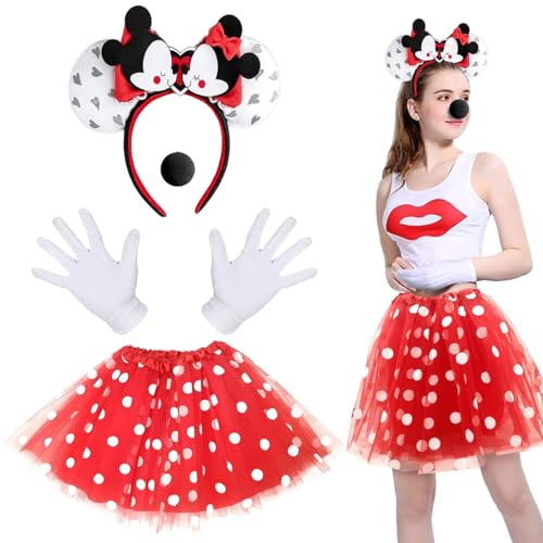 NPPHCYG Kostüm Damen, Faschingskostüme Damen, Maus Mouse Kostüm Rot Tutu mit weiß Gepunktet + Haarreifen mit Maus Ohren + Handschuhe + Nase, für Karneval Cosplay Fasching Halloween Party von NPPHCYG