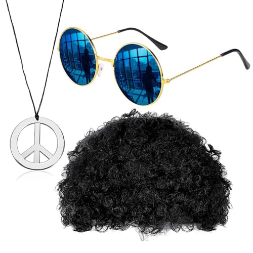 NPYQ 3/4-teiliges Hippie Kostüm Set Brille Dicos/Friedenszeichen Halsketten Perücken Künstlicher Bart Hippie Zubehör Für 80er Jahre Raves Party Hippie Kostüm Set von NPYQ
