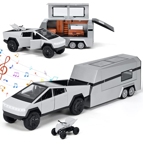 NQD Cyber Truck 1:24 Spielzeug Trucks mit RV Modellbausatz, Alloy Diecast Pickup Anhänger mit Licht & Sound, Pull-Back Rennwagen mit Motorrad, Ideales Geschenk für Jungen, Silber von NQD