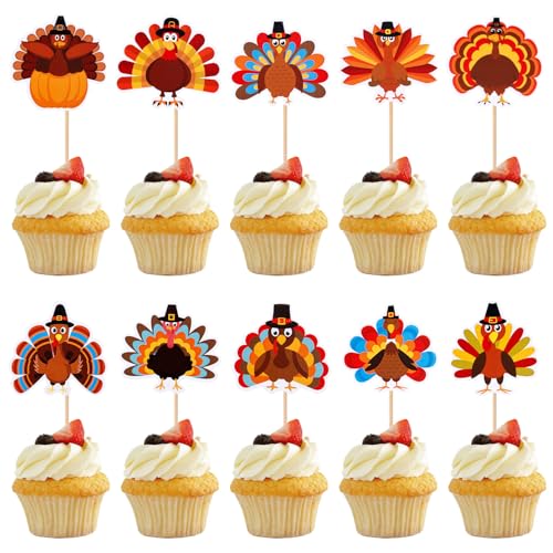 40stk Thanksgiving Kuchendeckel, 10 Muster Truthahn-Cupcake-Topper Süß Thanksgiving-Party-Lebensmitteldekoration Herbst-Cupcake-Topper für Thanksgiving-Themenparty-Zubehör von NQEUEPN