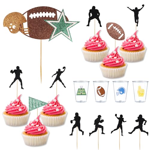 47stk Fußball-Cupcake-Topper Set, Glitzernde American Football Kuchendekorationen mit Aufklebern Rugby Sportspieler Cupcake Zahnstocher Party-Dekoration für Super Bowl Motto-Partyzubehör von NQEUEPN