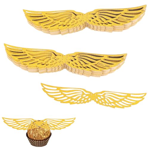 50 Stück Goldener Schnatz Flügel, Hohl Kuchen Dreidimensionale Flügeldekoration mit 50 Spenderklebern Goldene Cupcake-Topper für Geburtstag Hochzeit Partygeschenk von NQEUEPN