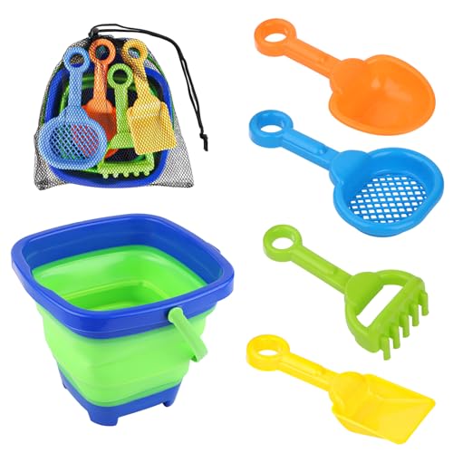 6 Stück Strandspielzeug Set, Zusammenklappbarer Eimer mit 4 Schaufeln Sandspielzeug und Netztasche Tragbar für Reisen Strandeimer für Kinder Jungen Mädchen Spaß Sommer Strandparty (Blau) von NQEUEPN