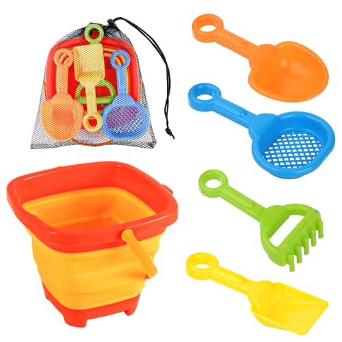 NQEUEPN 6 Stück Strandspielzeug Set, Zusammenklappbarer Eimer mit 4 Schaufeln Sandspielzeug und Netztasche Tragbar für Reisen Strandeimer für Kinder Jungen Mädchen Spaß Sommer Strandparty (Orange) von NQEUEPN