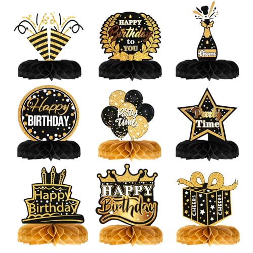 NQEUEPN 9stk Tischdeko-Set zum Geburtstag, Tischdekoration Happy Birthday in Schwarz und Gold Tischdeko in Wabenform für Geburtstagspartys von NQEUEPN