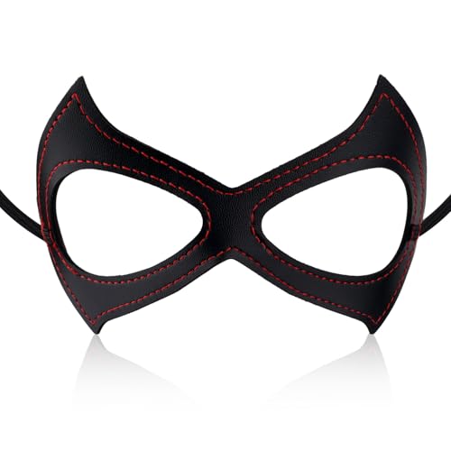 NQEUEPN Schwarze Augenmaske für Damen, Halloween-Catwoman-Maske Schwarze Maske Catwoman-Kostüm Halloween-Party-Kostümzubehör für Cosplay-Kostüm (Rote Nähte) von NQEUEPN