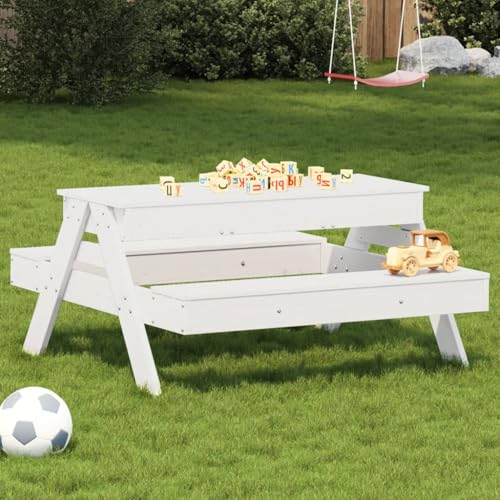 NQJIBUE Item-Picnic Tisch mit Sandkasten für Kinder, weiß, Massivholz, Kiefer, Outdoor-Tische von NQJIBUE