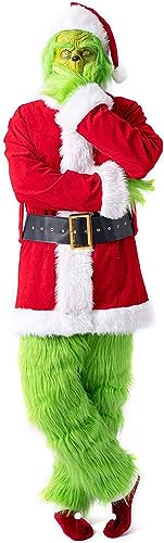 NSASL Weihnachten Cosplay Grinch Kostüm for Erwachsene Männer,7pcs Weihnachten Outfit Xmas Deluxe Grün Santa Anzug Cosplay Verkleidung (Color : A, Size : L) von NSASL