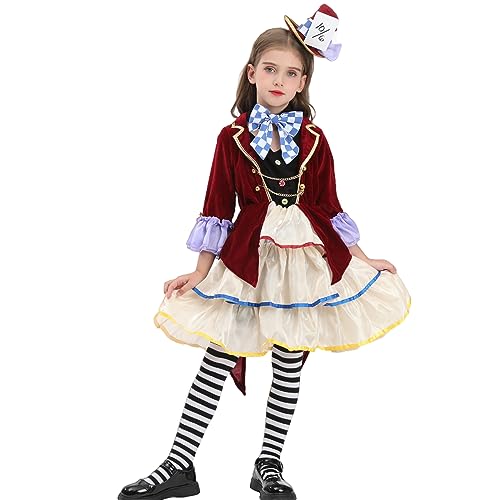 NSPSTT Kostüm für Kinder, verrückter Hutmacher für Mädchen, Halloween-Kleid, Kinderkostüm, Hut, Kleid, Strümpfe, 6 Stück von NSPSTT