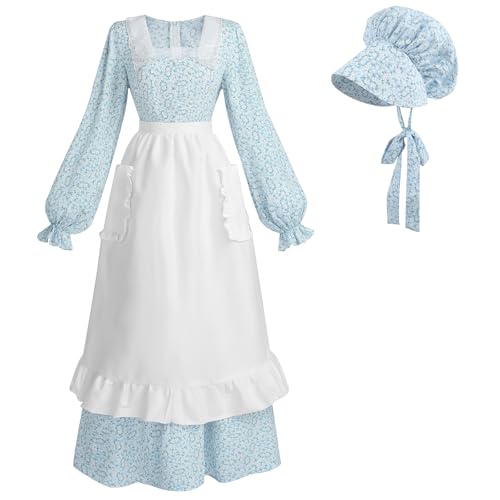 NSPSTT Prärie-Kleid für Damen, Pionier-Kostüm, Kolonial-Kostüm, Blau, Blumenmuster, 3-teiliges Set von NSPSTT