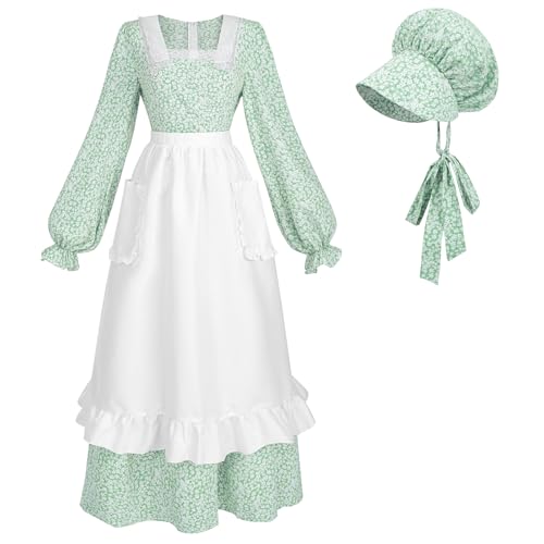 NSPSTT Prärie-Kleid für Damen, Pionier-Kostüm, Kolonial-Kostüm, Grün, Blumenmuster, 3-teiliges Set von NSPSTT