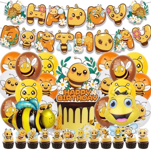 NTEVXZ 32Pcs Biene Geburtstag Deko Set, Bienen Folienballon Geburtstag, Biene Luftballons, Biene Cake Topper Banner, Biene Party Kindergeburtstag Dekoration von NTEVXZ