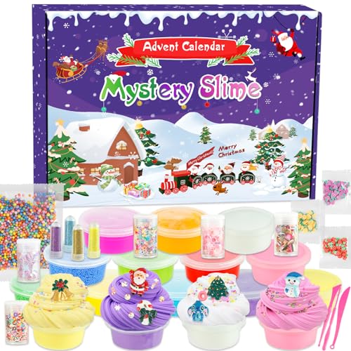 Adventskalender 2024 Kinder, Knete Schleim Set - DIY Fluffy Slime 24 Tage Weihnachten Countdown Schleim Spiele Kit niedlichem Weihnachtszubehör, Geburtstag Weihnachten Geschenk für Mädchen, Jungen von NTGFU