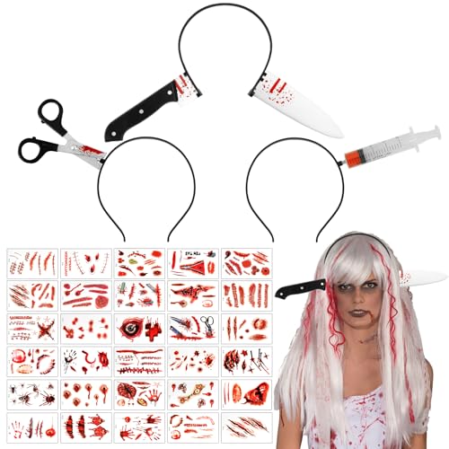 Halloween Horror Haarreif Set- 3 Stück Zombie Stirnbänder 30 PCS Scars Tattoo Sah Blutende Axt Spritze Schere Messer Blutige Haarreif Halloween Lustiges Kostüm Kopf Zubehör für Cosplay Masquerade Deko von NTGFU