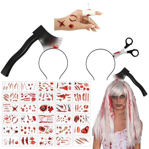 Halloween Horror Haarreif Set- 3 Stück Zombie Stirnbänder 30 PCS Scars Tattoo Sah Blutende Axt Spritze Schere Messer Blutige Haarreif Halloween Lustiges Kostüm Kopf Zubehör für Cosplay Masquerade Deko von NTGFU