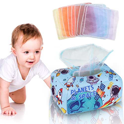 NTGRTY Baby Spielzeug Tücherbox Baby Spielzeug mit 3 Knisterpapier & 10 Bunte Schals,Astronauten Interaktive Sensorisches Kleinkind Tücherbox,Babyspielzeug ab 6 7 8 9 10 Monate Mädchen Junge von NTGRTY