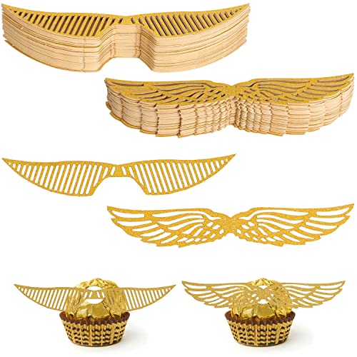 NTGRTY 100 Stück Harry Potter Deko,Gold Glitter Flügel Kuchen Dekoration Harry Potter Geburtstags Deko,Harry Potter Tortendeko,Harry Potter Muffin Topper (2 Stile, 50 Stück für jeden Stil) von NTGRTY