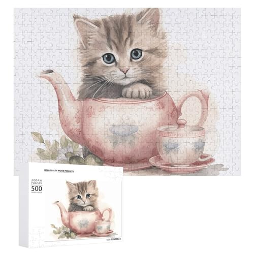 Puzzle für Erwachsene, 1000 Teile, herausforderndes Spiel, Katze, die Teetasse hält, Puzzle mit Buchstaben auf der Rückseite, personalisiertes Puzzle, perfekt für Spieleabende von NTVOWPZO