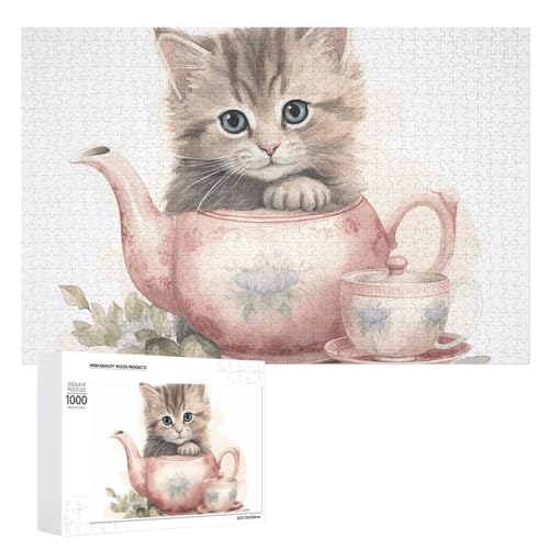 Puzzle für Erwachsene, 1000 Teile, herausforderndes Spiel, Katze, die Teetasse hält, Puzzle mit Buchstaben auf der Rückseite, personalisiertes Puzzle, perfekt für Spieleabende von NTVOWPZO