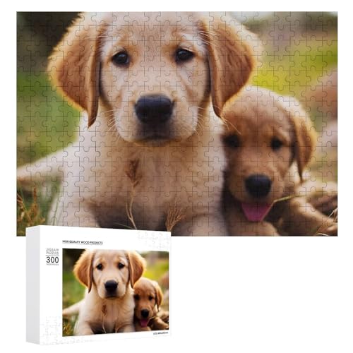 Puzzle für Erwachsene, 300-teiliges Puzzle mit Buchstaben auf der Rückseite, Holzpuzzle, niedlicher Golden Retriever Welpe, fertiges Puzzle, herausforderndes Puzzle, perfekt für Spieleabende von NTVOWPZO